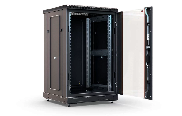 Шкаф телекоммуникационный напольный 19",18U(600x600), ШТ-НП-М-18U-600-600-С-Ч, передняя дверь стекло, черный ССД