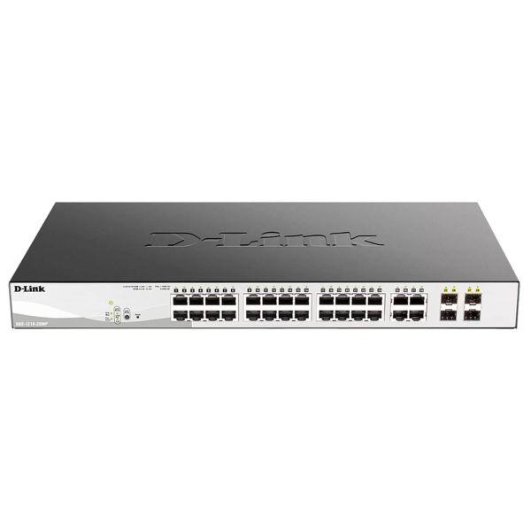 Коммутатор D-Link DGS-1210-28MP, 24 порта 10/100/1000Base-T, 4 комбо-порта 100/1000Base-T/SFP, PoE 802.3af/at 370W настраиваемый