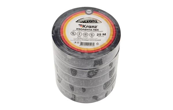 KR-09-2206 Изолента ПВХ KRANZ 19 мм х 25 м, черная, упаковка 5 роликов