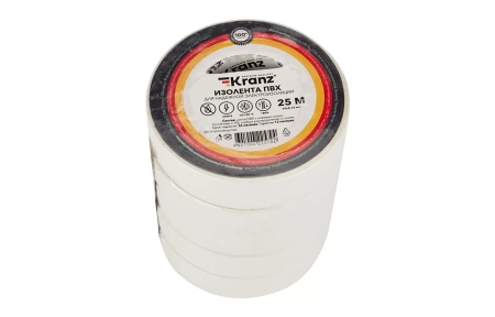 KR-09-2201 Изолента ПВХ KRANZ 19 мм х 25 м, белая, упаковка 5 роликов