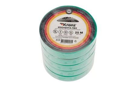 KR-09-2103 Изолента ПВХ KRANZ 15 мм х 25 м, зеленая, упаковка 5 роликов