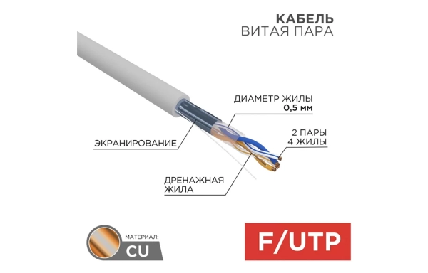 01-0122 Кабель витая пара REXANT FTP 2PR 24AWG, CAT5e (бухта 305 м)