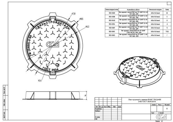 Люк чугунный с замком и шарниром ВЧШГ тип ТМ "Д400" КК 2.7-60 (ОУЭ-600)